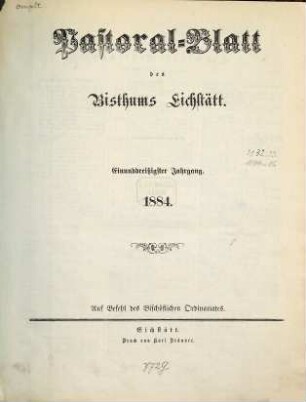 Pastoralblatt : Amtsblatt des Bistums Eichstätt. 31. 1884