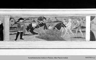 Posthumes Wunder: heilige Julia rettet Pferde und Reiter bei der Überquerung des Flusses Elsa - Predella mit den Wundern der Beata Giulia