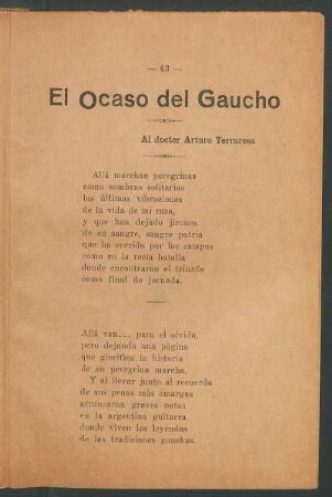 El ocaso del gaucho : A doctor Arturo Terrarosa