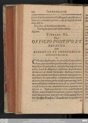 Titulus XI. De Officio Positivo Et Negativo item Potentiis Et Impotentiis Episcolaibus.