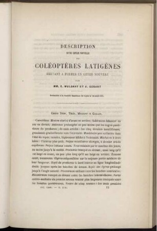Description D'Une Espèce Nouvelle De Coléoptères Latigènes Servant A Former Un Genre Nouveau