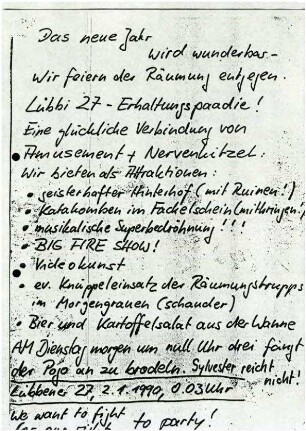 Flugschrift: Das neue Jahr wird wunderbar - wir feiern der Räumung entgegen. 1990