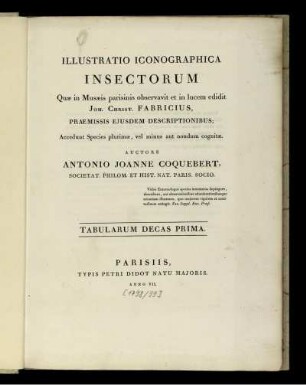 Tabularum decas prima: Illustratio iconographica insectorum. Tabularum decas prima
