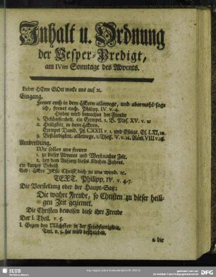 Inhalt u. Ordnung der Vesper-Predigt, am IVten Sonntage des Advents