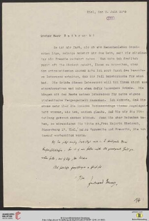 Brief von Ferdinand Tönnies an Gustav Radbruch