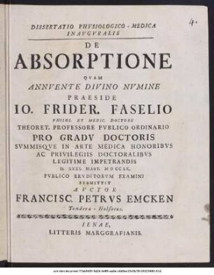 Dissertatio Physiologico-Medica Inavgvralis De Absorptione