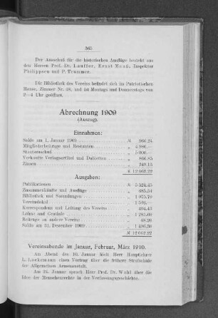 Vereinsabende im Januar, Februar, März 1910.