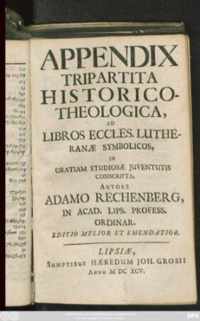 Appendix Tripartita Historico-Theologica, Ad Libros Eccles. Lutheranae Symbolicos