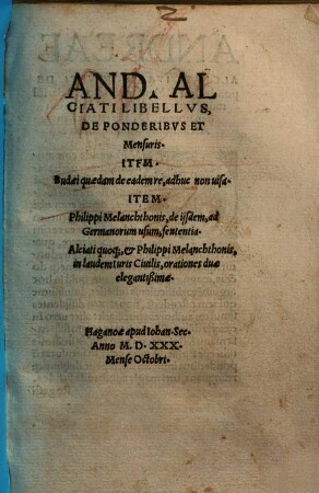 And[reae] Alciati Libellus de ponderibus et mensuris