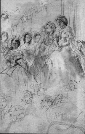 Skizze zum Krönungsbild (Königin Augusta und Kronprinzessin Victoria mit Hofdamen)