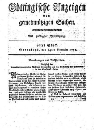 46tes Stück. Sonnabend, den 14ten November 1778.
