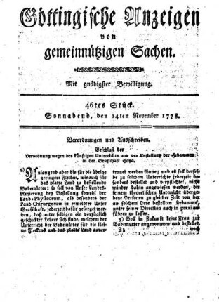 46tes Stück. Sonnabend, den 14ten November 1778.