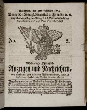 No. 5. Montags, den 4ten Februarii, 1754.
