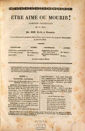Etre aimé ou mourir! : comédie-vaudeville en un acte