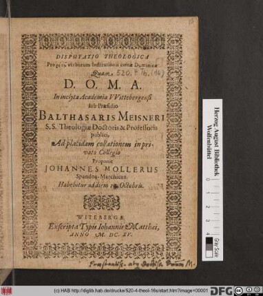 Disputatio Theologica Pro rētō verborum Institutionis coenae Dominicae