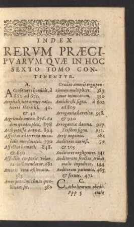 Index Rerum Praecipuarum Quae In Hoc Sexto Tomo Continentur.