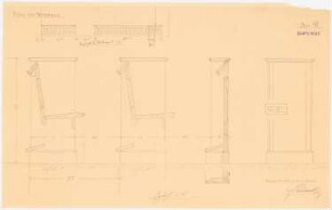 Evangelische Kirche, Berlin-Nikolassee: Details 1:5: Querschnitt durch die Bankreihen und Ansicht der Bankseitenwange; Detail 1:50: Ansicht der Gestühl-Vorderwand