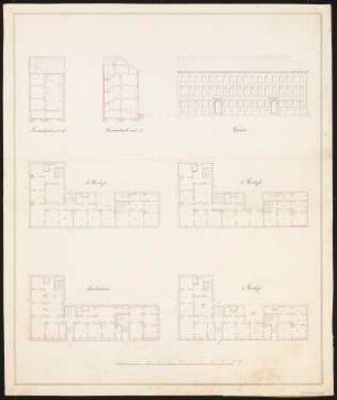 Dreigeschossiges Mietshaus mit kurzem Seitenflügel: Vorderansicht, Schnitte, Grundrisse