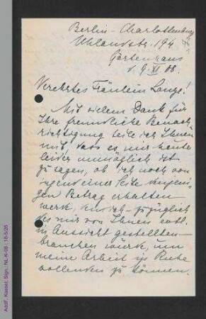 Brief von Anna Neumann an Helene Lange