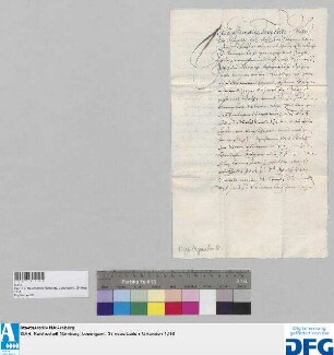 Horatio Hypoliti Graf zu Gatzoldo, fürstlich bayerischer Kämerer, Gemahl der Elisabetha [Vieheuser] zue Lautherbach, Hornegkh und Meylhouen, stellt der Stadt Nürnberg Quittung aus über 550 fl. Stadtsteuer.