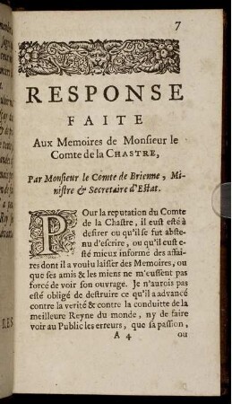 Response Faite Aux Memoires de Monsieur le Comte de la Chastre