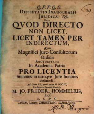 Diss. inaug. iur. de eo quod directo non licet, licet tamen per indirectum