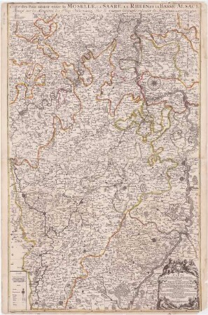 Carte Des Pais Qui Sont Situéz Éntre La Moselle, La Saare, Le Rhein, Et La Basse Alsace : contenant Partie Du Palatinat, Des Eslectorats, De Mayence Et De Treves, Des Eveschés De Spire Et Wormes; Avec Les Duchés De Deuxponts Et De Simmeren, Les Comtés De Sarbrik, Ottweiller, Bitche, Saverden, Falkenstein, Linange, Veldents, Haut et Bas Sponheim; Les Seigneuries De Bliscastel, Landstoul, Crombach, Reypolkirch, Grevenstein, Kirn, Oberstein, Lixheim, Lautreck, Dagstoul, La Petitepierre, Et Dimering