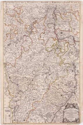Carte Des Pais Qui Sont Situéz Éntre La Moselle, La Saare, Le Rhein, Et La Basse Alsace : contenant Partie Du Palatinat, Des Eslectorats, De Mayence Et De Treves, Des Eveschés De Spire Et Wormes; Avec Les Duchés De Deuxponts Et De Simmeren, Les Comtés De Sarbrik, Ottweiller, Bitche, Saverden, Falkenstein, Linange, Veldents, Haut et Bas Sponheim; Les Seigneuries De Bliscastel, Landstoul, Crombach, Reypolkirch, Grevenstein, Kirn, Oberstein, Lixheim, Lautreck, Dagstoul, La Petitepierre, Et Dimering