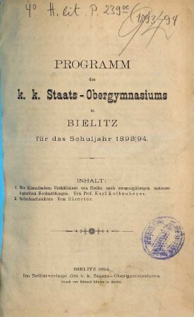 Programm des K.K. Staats-Obergymnasiums in Bielitz : für das Schuljahr .... 1893/94