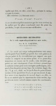 Observations rectificatives sur le cercle coupant orthogonalement trois autres cercles.