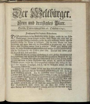 Neun und dreißigstes Blatt. Berlin, Donnerstags den 26. October 1741.