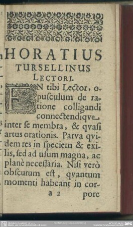 Horatius Tursellinus Lectori