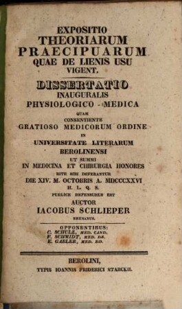 Expositio theoriarum praecipuarum quae de lienis usu vigent : Diss. inaug. physiol.-med.