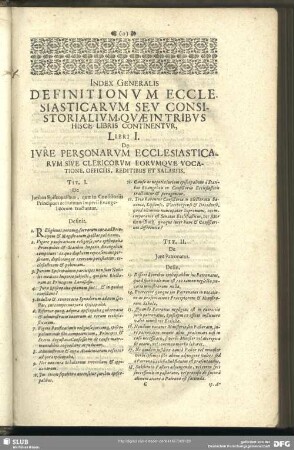 Index Generalis Definitionum Ecclesiasticarum Seu Consistorialium, Quae Intribus Hisce Libris Continentur