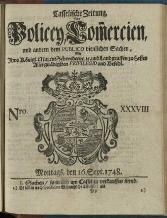 Nro. XXXVIII, Montags, den 16. Sept. 1748