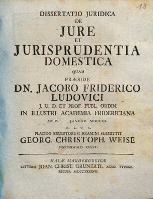 Dissertatio Juridica De Jure Et Jurisprudentia Domestica