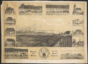Ansichten von Mügeln, Lithographie, um 1840 : Mügeln gegen Westen und seine Haupt-Gebäude / Nach d. Natur gez. v. Eduard Treu. Lith. v. H. Schmid Mügeln : C. A. Schurig ; Leipzig : J. G. Fritzsche , [um 1840]. - 1 Kunstbl. mit 13 Ansichten :. - Lithographie ; Blattgr. 57 x 42 cm +++ 1 Gesamt- und 12 Detailansichten. - Insignie der Stadt Mügeln