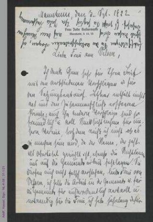 Brief von Julie Bassermann an Dorothee von Velsen