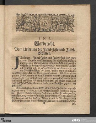 Vorbericht. Vom Ursprung der Jubel-Feste und Jubel-Müntzen.