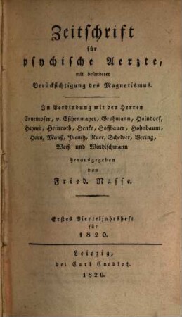 Zeitschrift für psychische Ärzte : mit besonderer Berücksichtigung des Magnetismus, 3. 1820