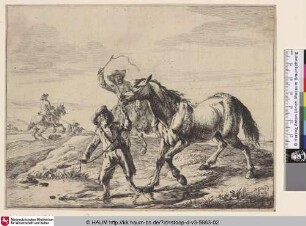 [Ein Junge führt ein Pferd zu einer Wasserstelle; A Boy Taking a Horse to Drink; Un cheval refuse d'aller à l'eau]