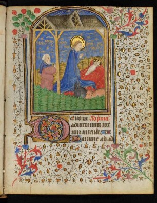 Vollbordürenseite mit Miniatur (Geburt Christi), Initiale D und Fadenrankenbordüre
