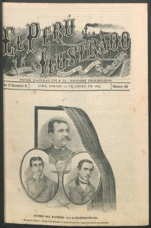 Guerra del Pacífico - 13 y 15 de Enero de 1881. [Retratos de] Enrique L. Barrón[,] Felipe Valle-Riestra [y] J. Andrés Torres Paz. : † gloriosamente en esas jornadas