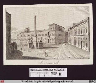Ansicht dses Montecavallo in Rom mit demQuirinalspalast, dem Obelisken und den Rossebändigern.