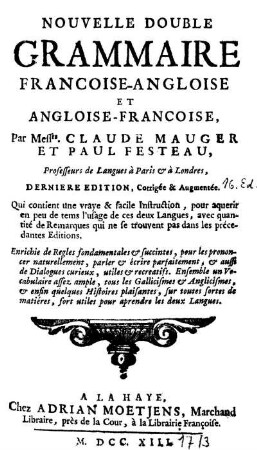 Nouvelle double Grammaire françoise-angloise et angloise-françoise