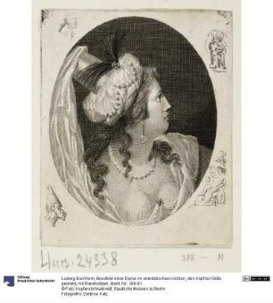 Brustbild einer Dame im orientalischen Kostüm, den Kopf zur Seite gedreht, mit Randnotizen