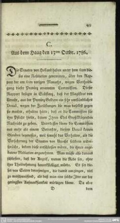 C. Aus dem Haag den 13ten Octbr. 1786