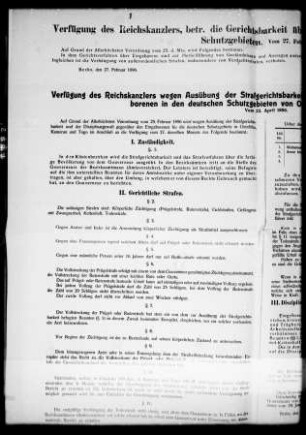 Gerichtsbarkeit über Eingeborene. Verfügung des Reichskanzlers wegen Ausübung der Strafgerichtsbarkeit und der Disziplinargewalt gegenüber den Eingeborenen in den deutschen Schutzgebieten von Ostafrika, Kamerun und Togo vom 22. Apr. 1896 (Druck)