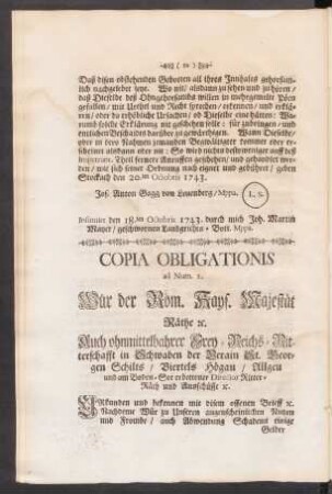 Copia Obligationis ad Num. I. Wür der Röm. Kays. Majestät ...
