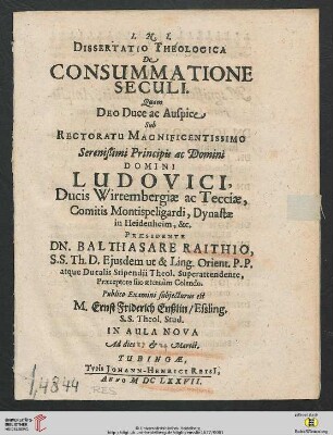 Dissertatio Theologica De Consummatione Seculi